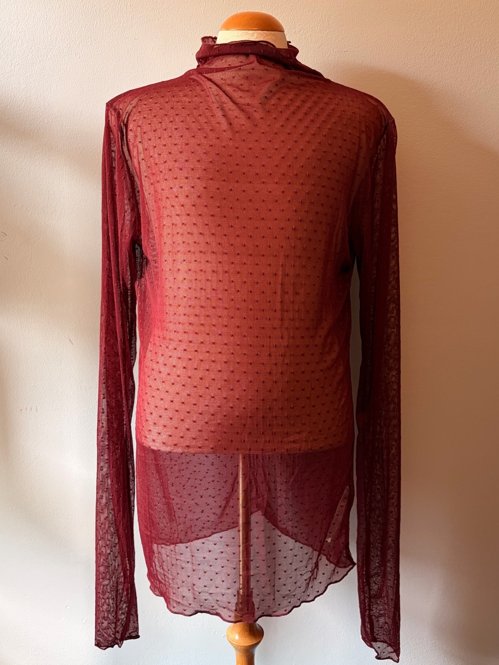 Free People Sheer Burgundy Heart Mesh Long-Sleeve Top